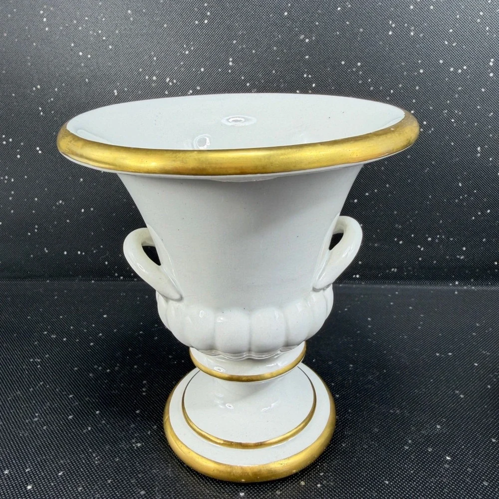 Mottahedeh Italy Porcelain Footed Urn Vase Bowl White Gold Trim Double Handle